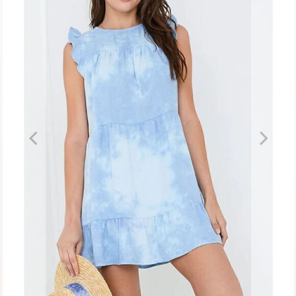 Bella Dahl sky fall bomba Blue tie dye ruffled tiered dress Tencel size M - Picture 1 of 10